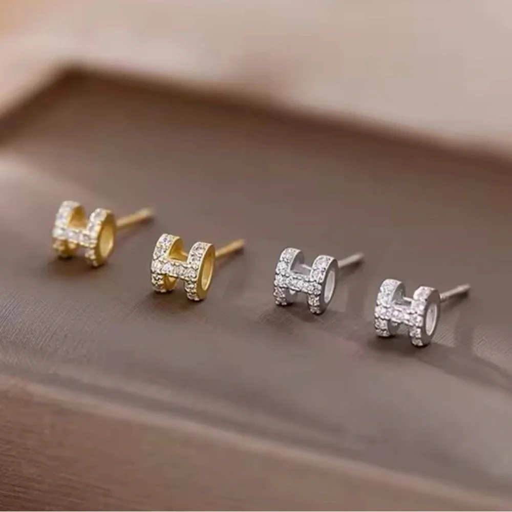 18K Gold Mini Pave Diamond Minimalist Letter H Shaped Earrings